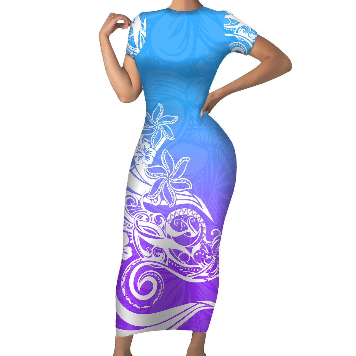 Polynesian Sunset Plumeria Short Sleeve Bodycon Dress Pacific Island Tribal Blue Style - Wonder Print Shop
