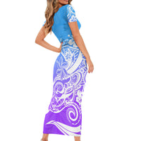 Polynesian Sunset Plumeria Short Sleeve Bodycon Dress Pacific Island Tribal Blue Style - Wonder Print Shop