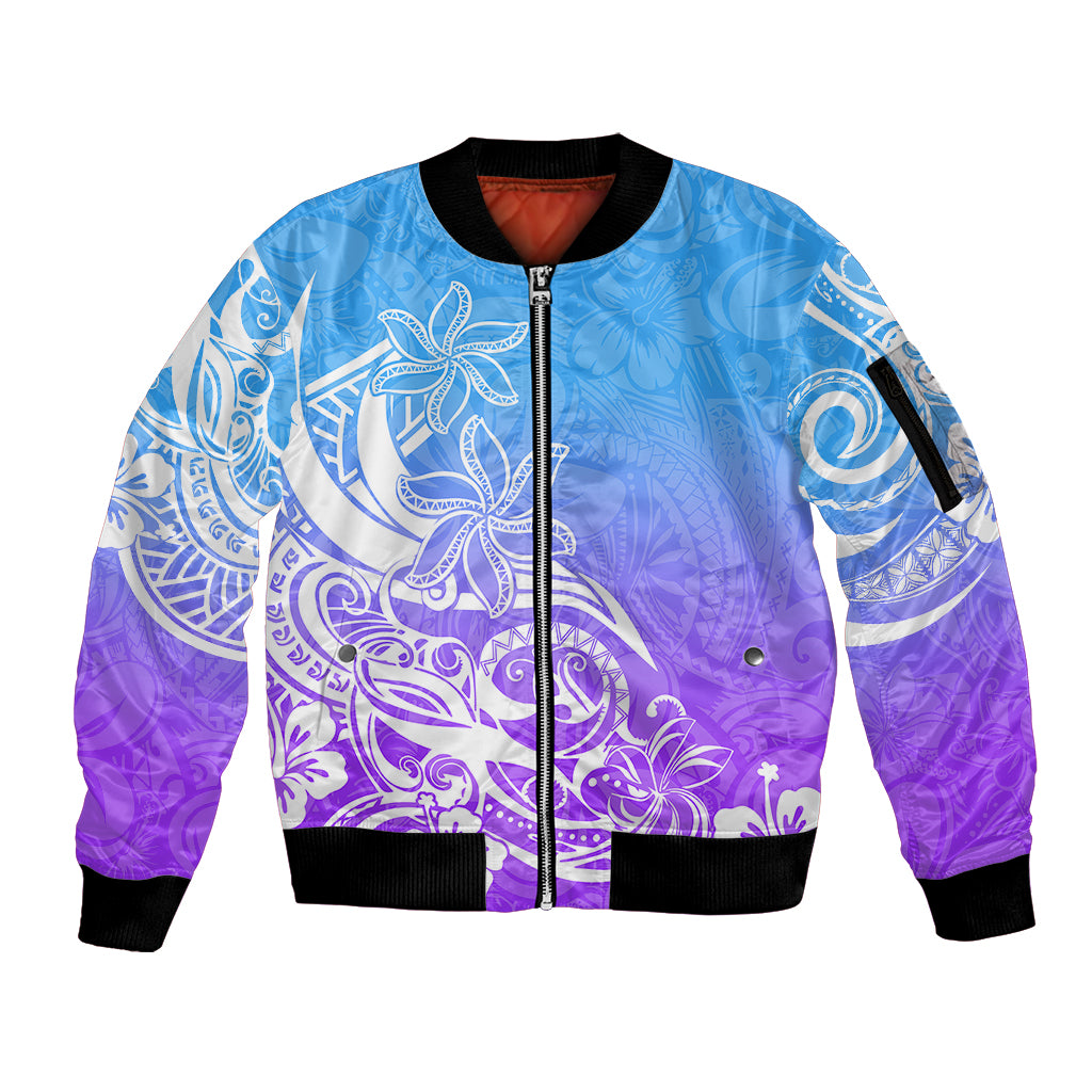 Polynesian Sunset Plumeria Sleeve Zip Bomber Jacket Pacific Island Tribal Blue Style - Wonder Print Shop