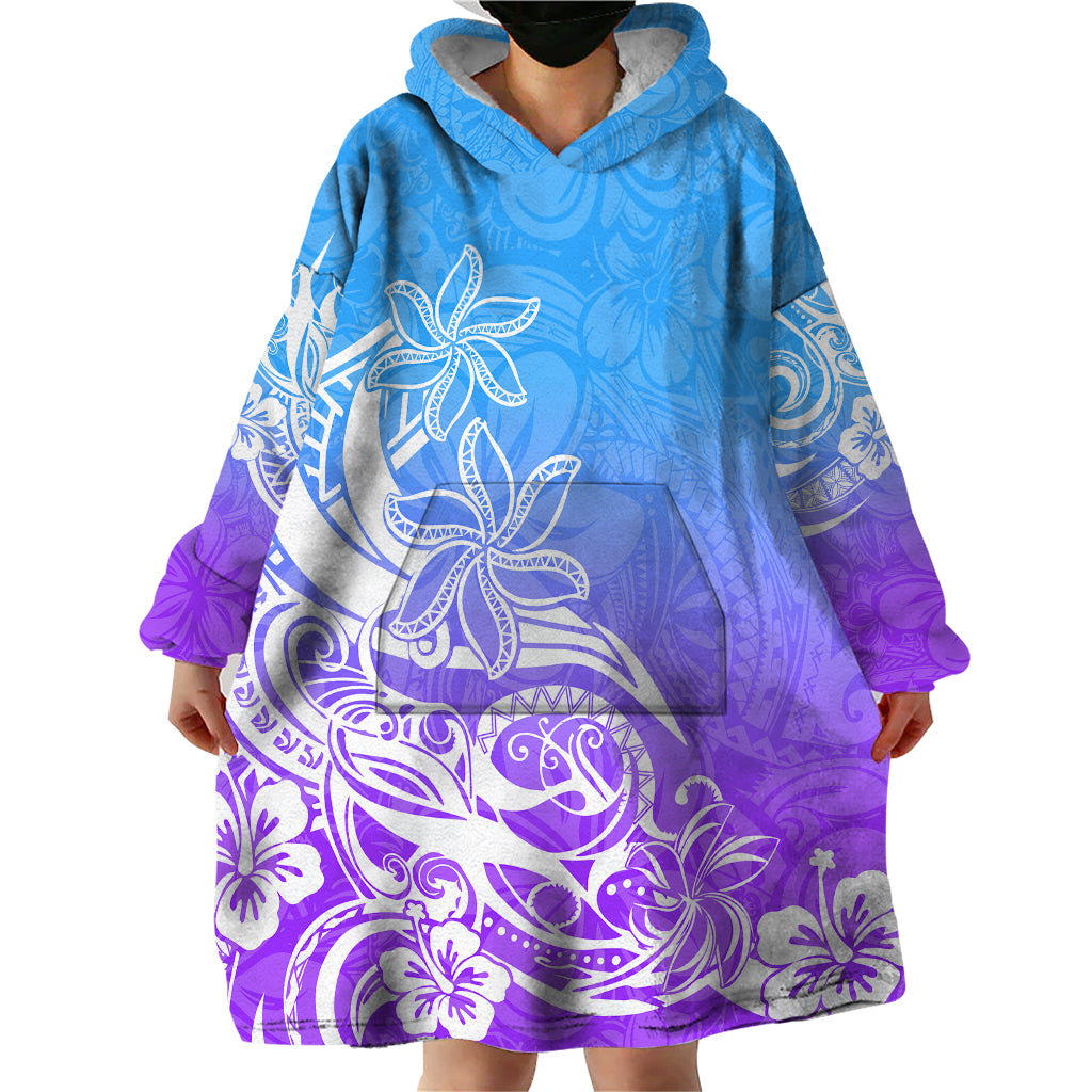 Polynesian Sunset Plumeria Wearable Blanket Hoodie Pacific Island Tribal Blue Style - Wonder Print Shop