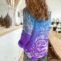 Polynesian Sunset Plumeria Women Casual Shirt Pacific Island Tribal Blue Style - Wonder Print Shop