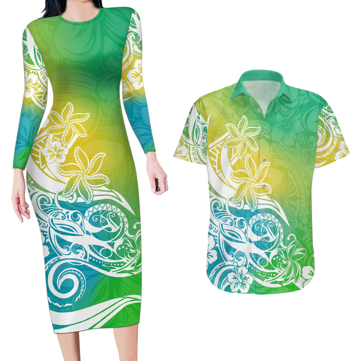 Polynesian Sunset Plumeria Couples Matching Long Sleeve Bodycon Dress and Hawaiian Shirt Pacific Island Tribal Green Style LT9 - Wonder Print Shop