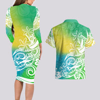 Polynesian Sunset Plumeria Couples Matching Long Sleeve Bodycon Dress and Hawaiian Shirt Pacific Island Tribal Green Style LT9 - Wonder Print Shop