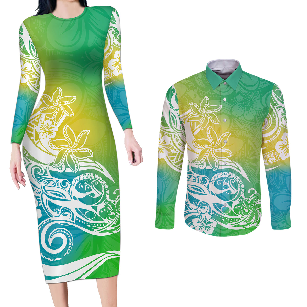 Polynesian Sunset Plumeria Couples Matching Long Sleeve Bodycon Dress and Long Sleeve Button Shirts Pacific Island Tribal Green Style LT9 - Wonder Print Shop