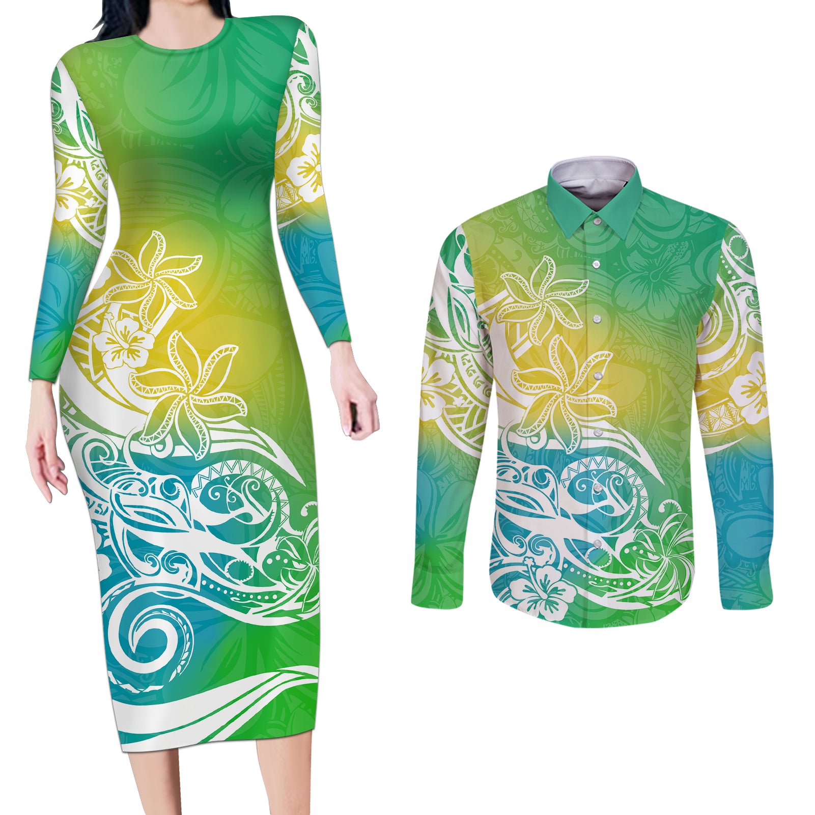 Polynesian Sunset Plumeria Couples Matching Long Sleeve Bodycon Dress and Long Sleeve Button Shirts Pacific Island Tribal Green Style LT9 - Wonder Print Shop