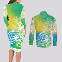 Polynesian Sunset Plumeria Couples Matching Long Sleeve Bodycon Dress and Long Sleeve Button Shirts Pacific Island Tribal Green Style LT9 - Wonder Print Shop