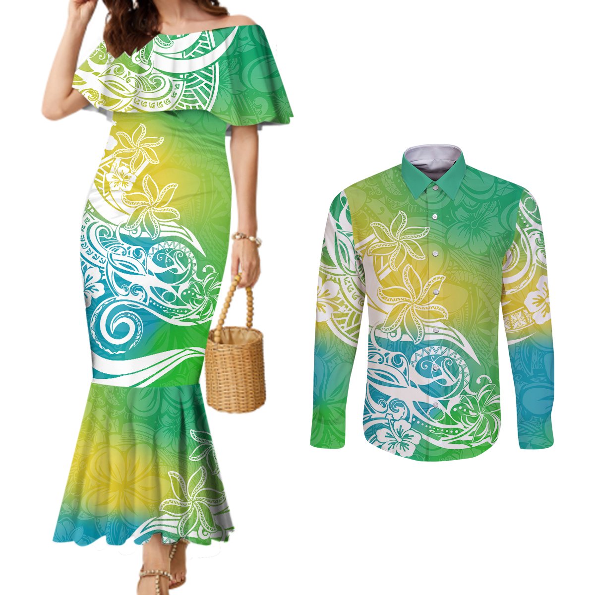 polynesian-sunset-plumeria-couples-matching-mermaid-dress-and-long-sleeve-button-shirts-pacific-island-tribal-green-style