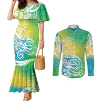 polynesian-sunset-plumeria-couples-matching-mermaid-dress-and-long-sleeve-button-shirts-pacific-island-tribal-green-style