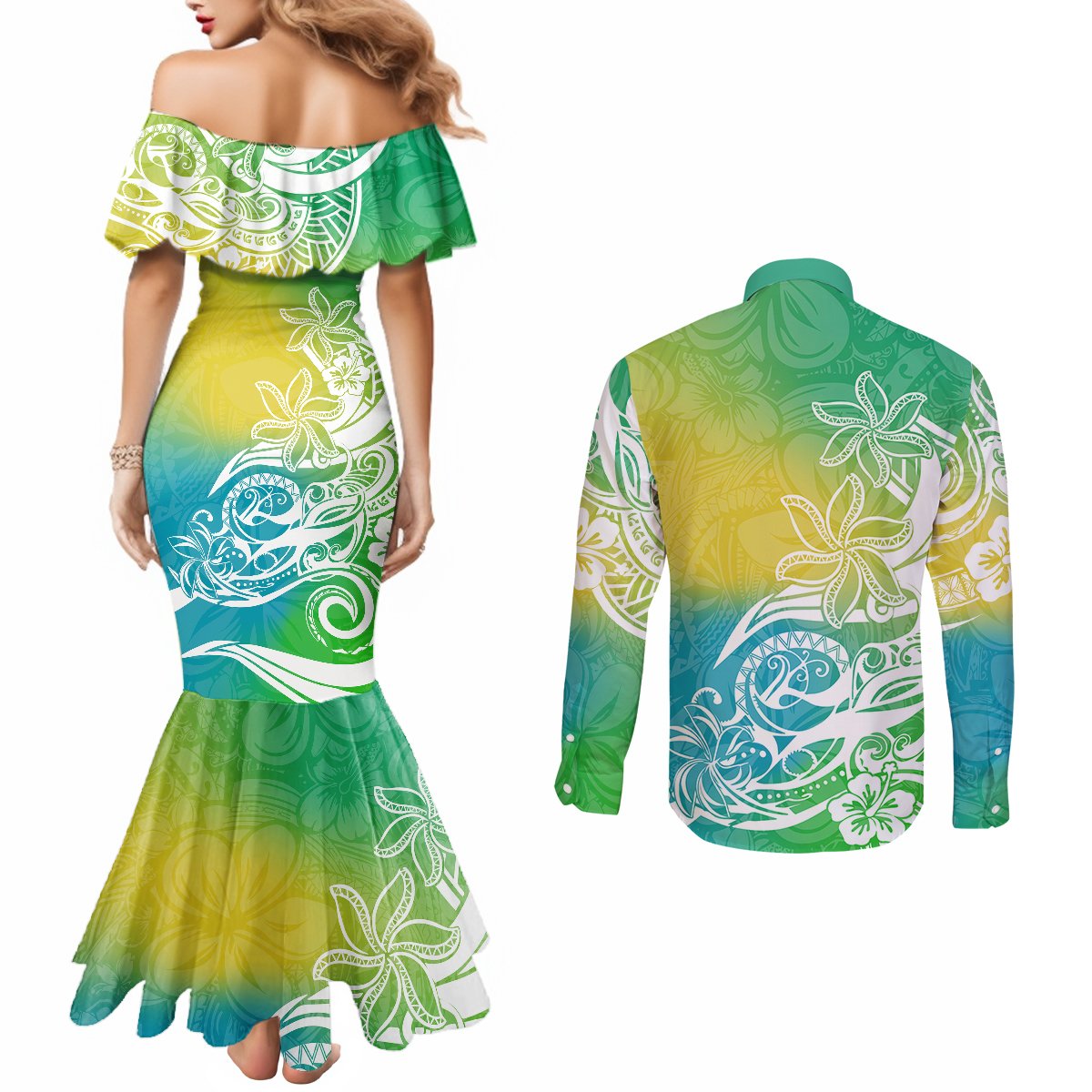 polynesian-sunset-plumeria-couples-matching-mermaid-dress-and-long-sleeve-button-shirts-pacific-island-tribal-green-style