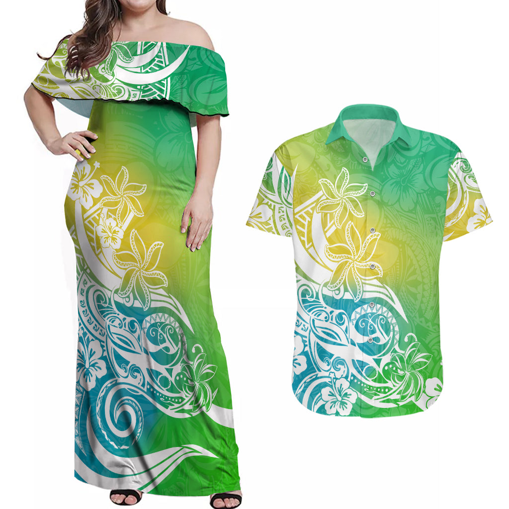 Polynesian Sunset Plumeria Couples Matching Off Shoulder Maxi Dress and Hawaiian Shirt Pacific Island Tribal Green Style LT9 - Wonder Print Shop