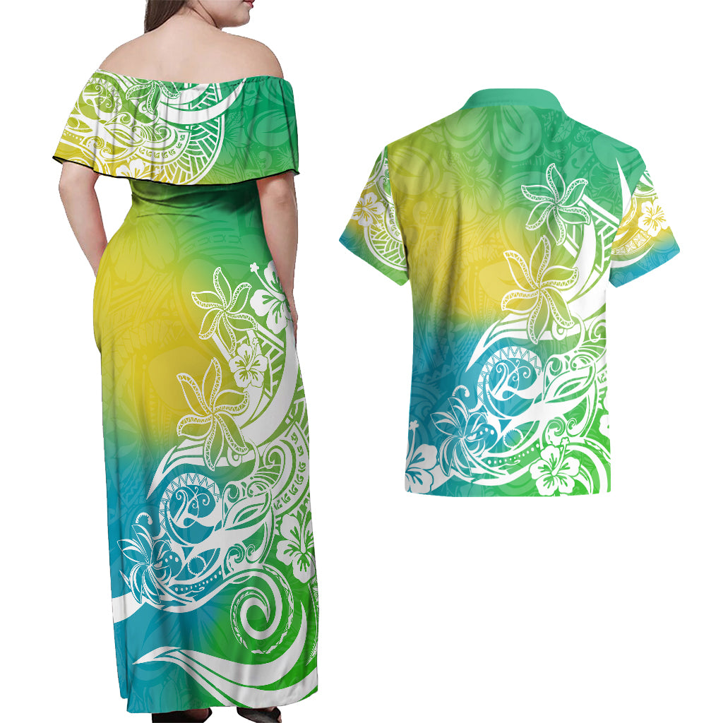 Polynesian Sunset Plumeria Couples Matching Off Shoulder Maxi Dress and Hawaiian Shirt Pacific Island Tribal Green Style LT9 - Wonder Print Shop