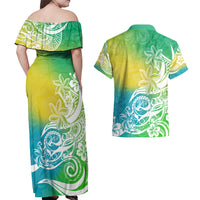 Polynesian Sunset Plumeria Couples Matching Off Shoulder Maxi Dress and Hawaiian Shirt Pacific Island Tribal Green Style LT9 - Wonder Print Shop