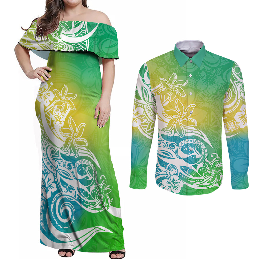 Polynesian Sunset Plumeria Couples Matching Off Shoulder Maxi Dress and Long Sleeve Button Shirts Pacific Island Tribal Green Style LT9 - Wonder Print Shop