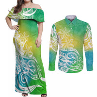 Polynesian Sunset Plumeria Couples Matching Off Shoulder Maxi Dress and Long Sleeve Button Shirts Pacific Island Tribal Green Style LT9 - Wonder Print Shop