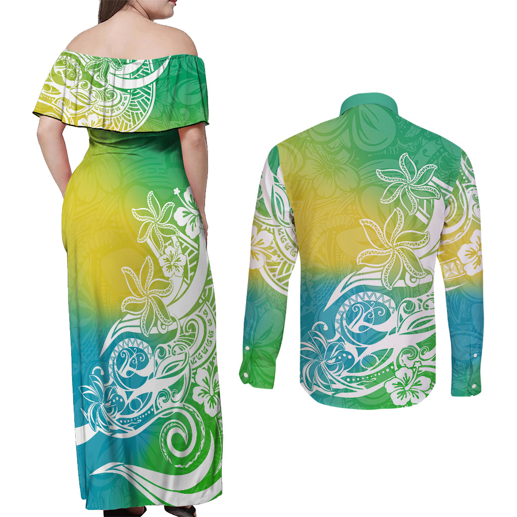 Polynesian Sunset Plumeria Couples Matching Off Shoulder Maxi Dress and Long Sleeve Button Shirts Pacific Island Tribal Green Style LT9 - Wonder Print Shop