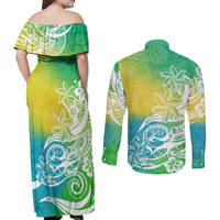 Polynesian Sunset Plumeria Couples Matching Off Shoulder Maxi Dress and Long Sleeve Button Shirts Pacific Island Tribal Green Style LT9 - Wonder Print Shop