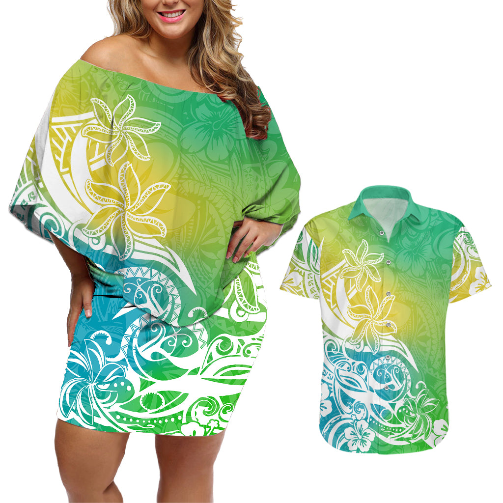 Polynesian Sunset Plumeria Couples Matching Off Shoulder Short Dress and Hawaiian Shirt Pacific Island Tribal Green Style LT9 - Wonder Print Shop
