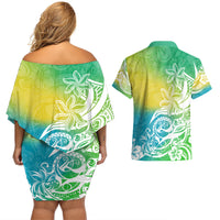 Polynesian Sunset Plumeria Couples Matching Off Shoulder Short Dress and Hawaiian Shirt Pacific Island Tribal Green Style LT9 - Wonder Print Shop