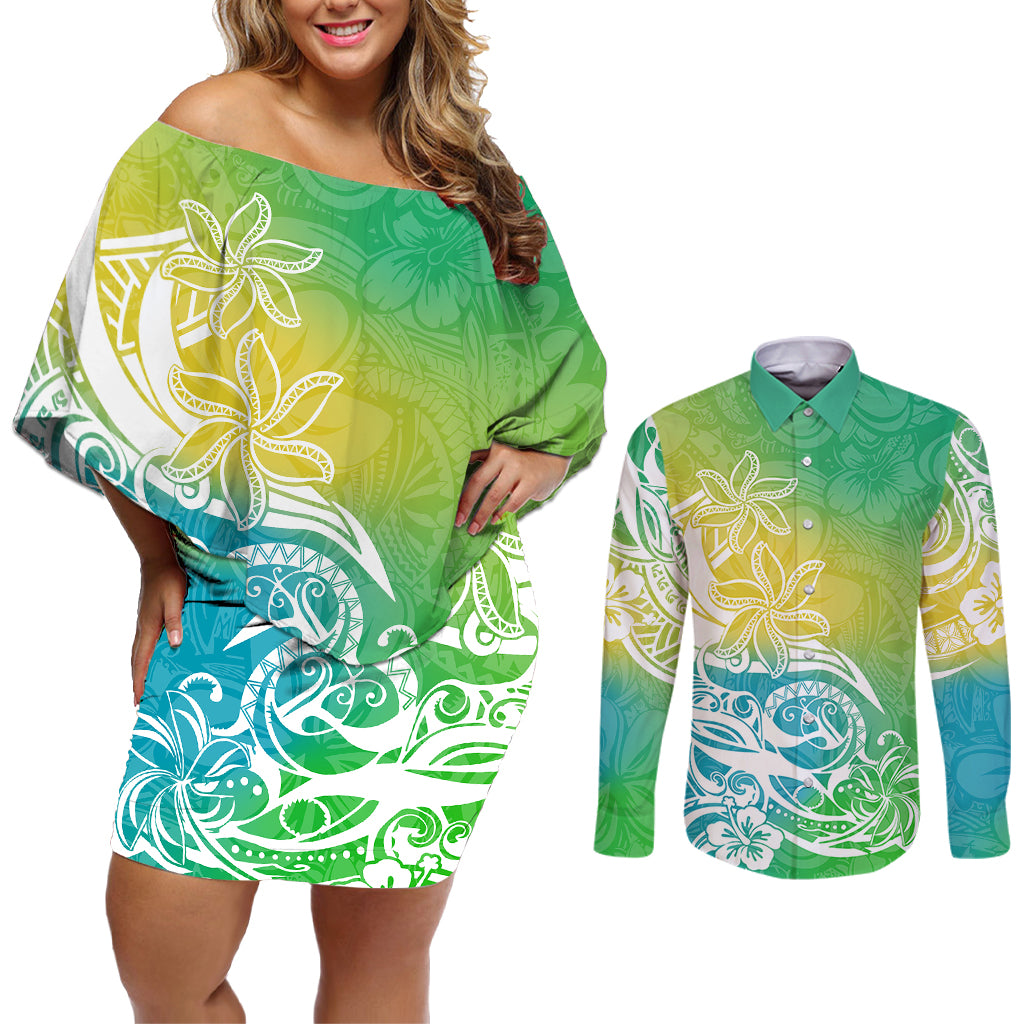 Polynesian Sunset Plumeria Couples Matching Off Shoulder Short Dress and Long Sleeve Button Shirts Pacific Island Tribal Green Style LT9 - Wonder Print Shop