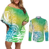 Polynesian Sunset Plumeria Couples Matching Off Shoulder Short Dress and Long Sleeve Button Shirts Pacific Island Tribal Green Style LT9 - Wonder Print Shop