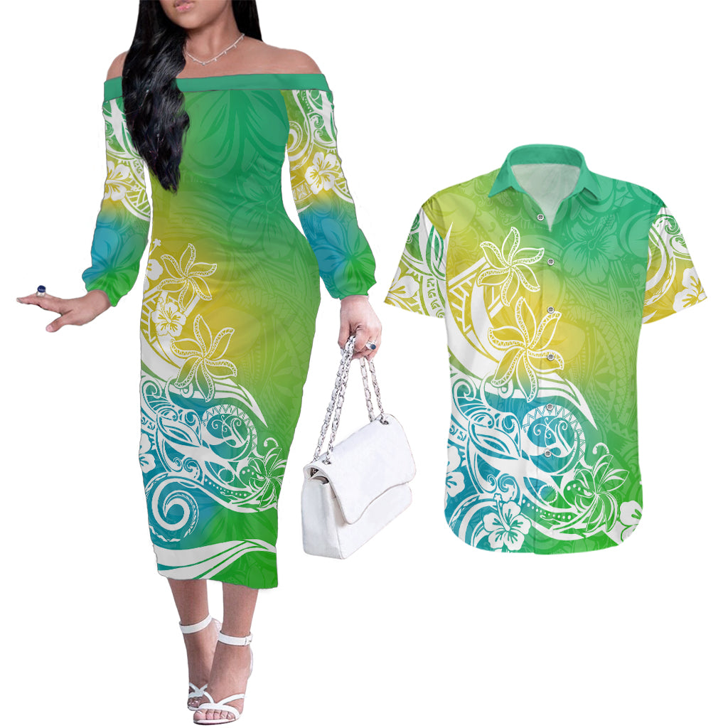 Polynesian Sunset Plumeria Couples Matching Off The Shoulder Long Sleeve Dress and Hawaiian Shirt Pacific Island Tribal Green Style LT9 - Wonder Print Shop