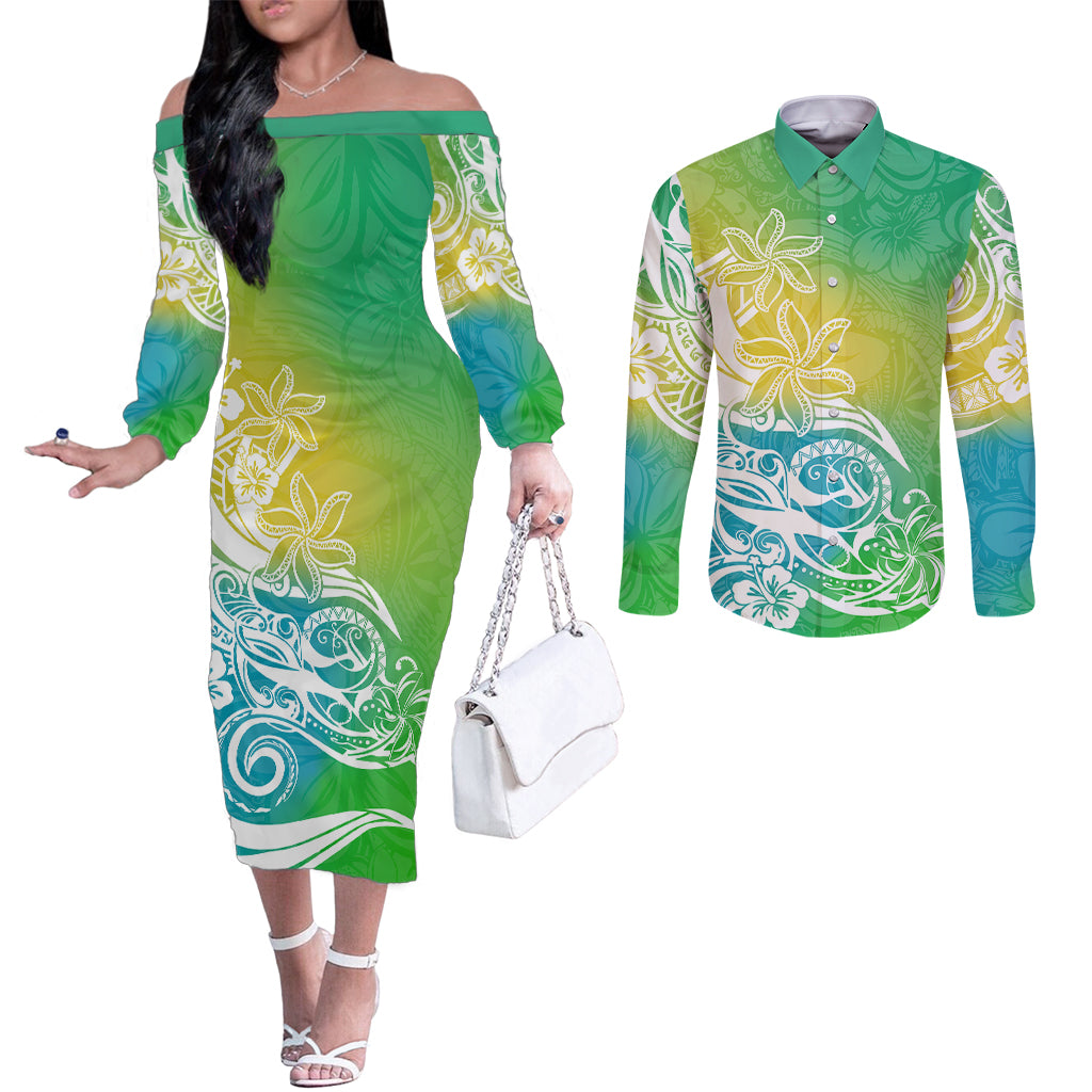 polynesian-sunset-plumeria-couples-matching-off-the-shoulder-long-sleeve-dress-and-long-sleeve-button-shirts-pacific-island-tribal-green-style