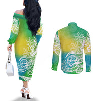 polynesian-sunset-plumeria-couples-matching-off-the-shoulder-long-sleeve-dress-and-long-sleeve-button-shirts-pacific-island-tribal-green-style