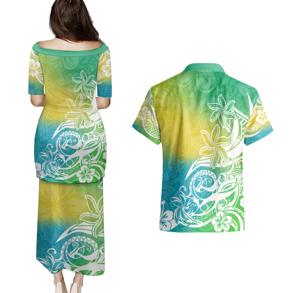 Polynesian Sunset Plumeria Couples Matching Puletasi Dress and Hawaiian Shirt Pacific Island Tribal Green Style LT9 - Wonder Print Shop