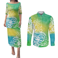 Polynesian Sunset Plumeria Couples Matching Puletasi Dress and Long Sleeve Button Shirts Pacific Island Tribal Green Style LT9 - Wonder Print Shop