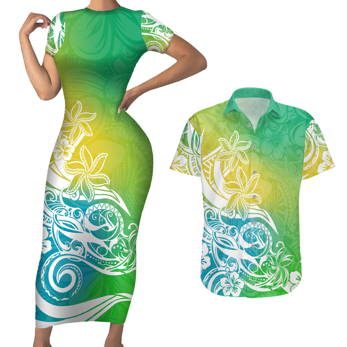 Polynesian Sunset Plumeria Couples Matching Short Sleeve Bodycon Dress and Hawaiian Shirt Pacific Island Tribal Green Style LT9 - Wonder Print Shop