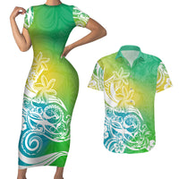 Polynesian Sunset Plumeria Couples Matching Short Sleeve Bodycon Dress and Hawaiian Shirt Pacific Island Tribal Green Style LT9 - Wonder Print Shop