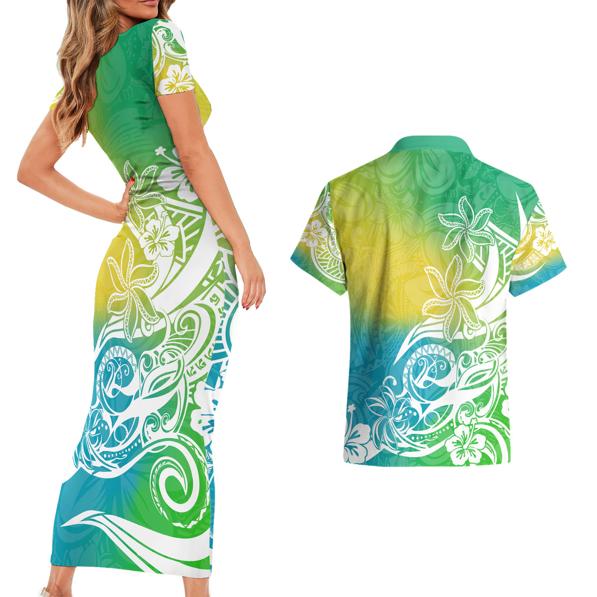 Polynesian Sunset Plumeria Couples Matching Short Sleeve Bodycon Dress and Hawaiian Shirt Pacific Island Tribal Green Style LT9 - Wonder Print Shop