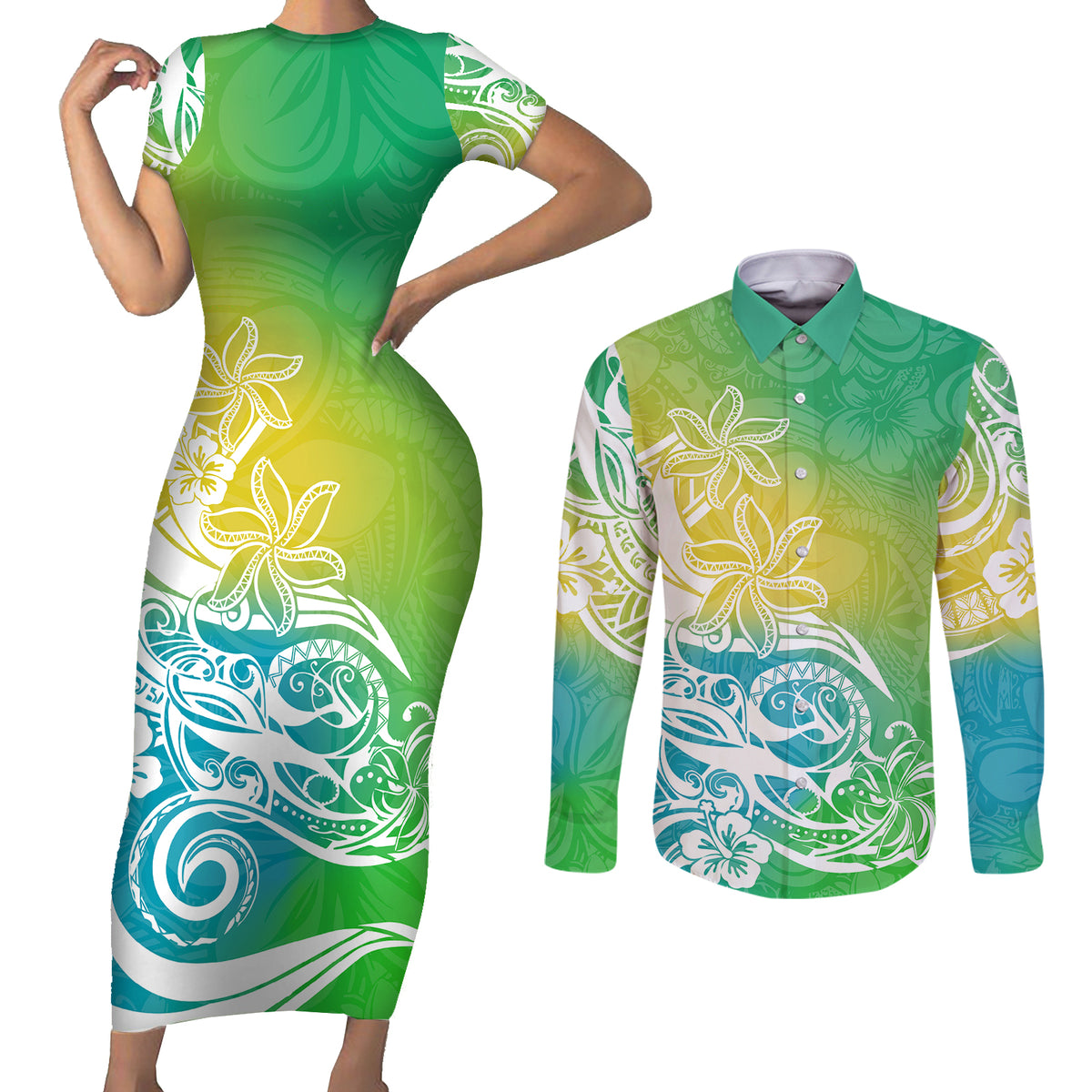 Polynesian Sunset Plumeria Couples Matching Short Sleeve Bodycon Dress and Long Sleeve Button Shirts Pacific Island Tribal Green Style LT9 - Wonder Print Shop