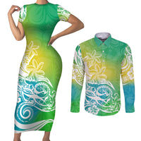 Polynesian Sunset Plumeria Couples Matching Short Sleeve Bodycon Dress and Long Sleeve Button Shirts Pacific Island Tribal Green Style LT9 - Wonder Print Shop