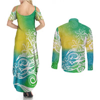 Polynesian Sunset Plumeria Couples Matching Summer Maxi Dress and Long Sleeve Button Shirts Pacific Island Tribal Green Style LT9 - Wonder Print Shop