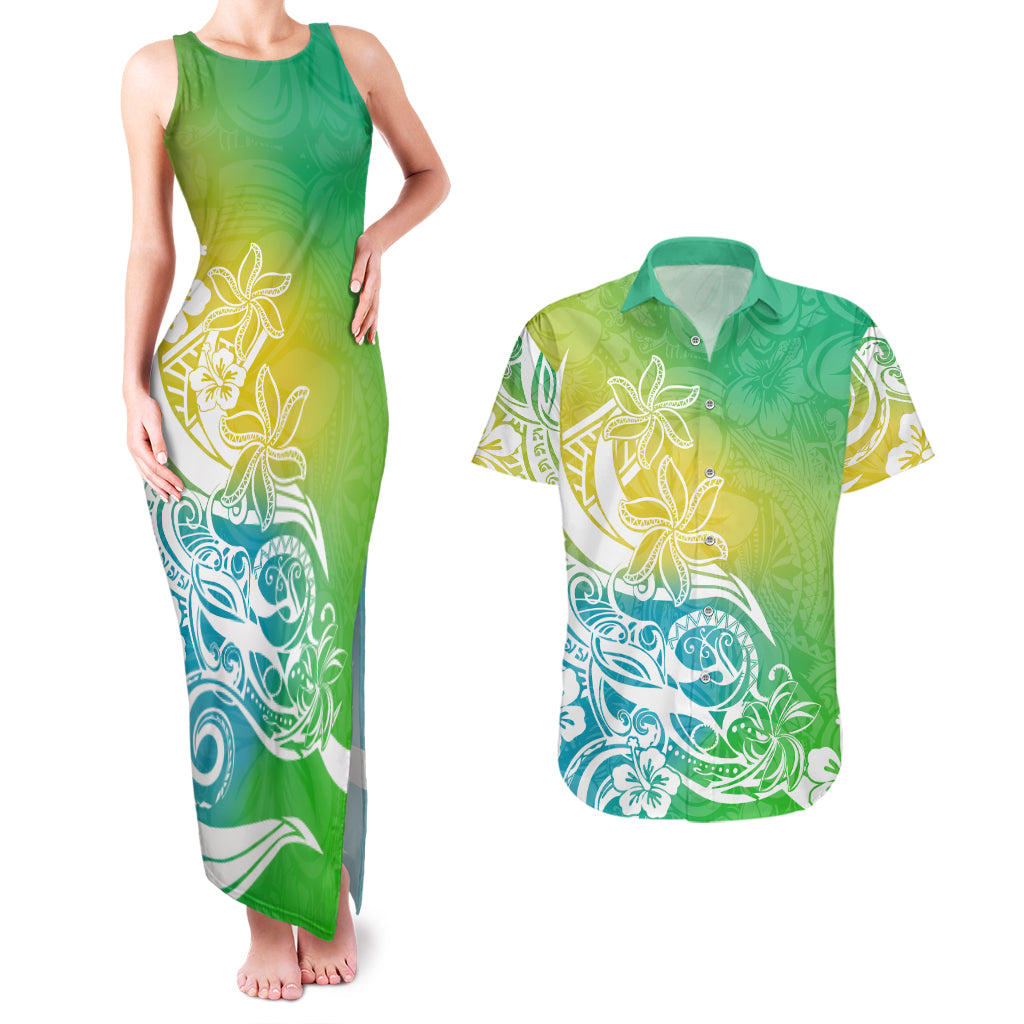 Polynesian Sunset Plumeria Couples Matching Tank Maxi Dress and Hawaiian Shirt Pacific Island Tribal Green Style LT9 - Wonder Print Shop