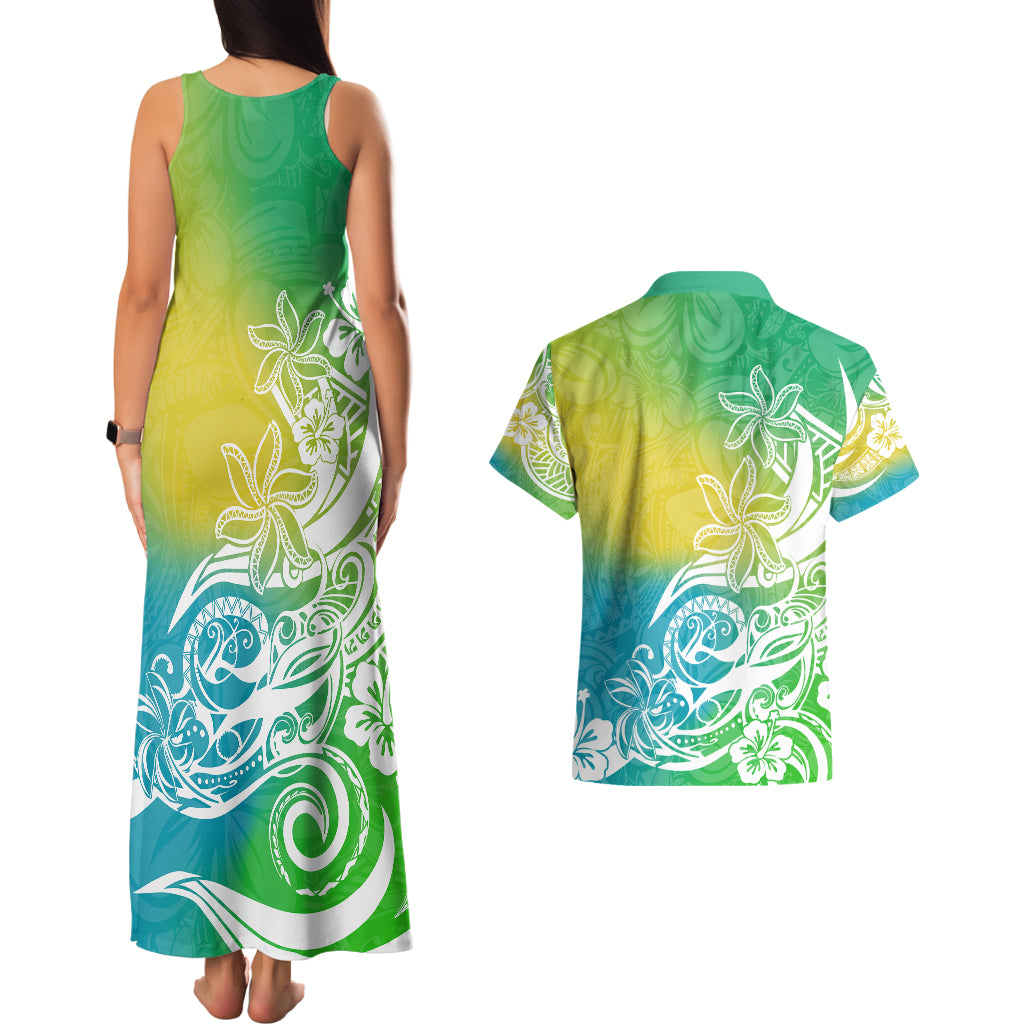 Polynesian Sunset Plumeria Couples Matching Tank Maxi Dress and Hawaiian Shirt Pacific Island Tribal Green Style LT9 - Wonder Print Shop