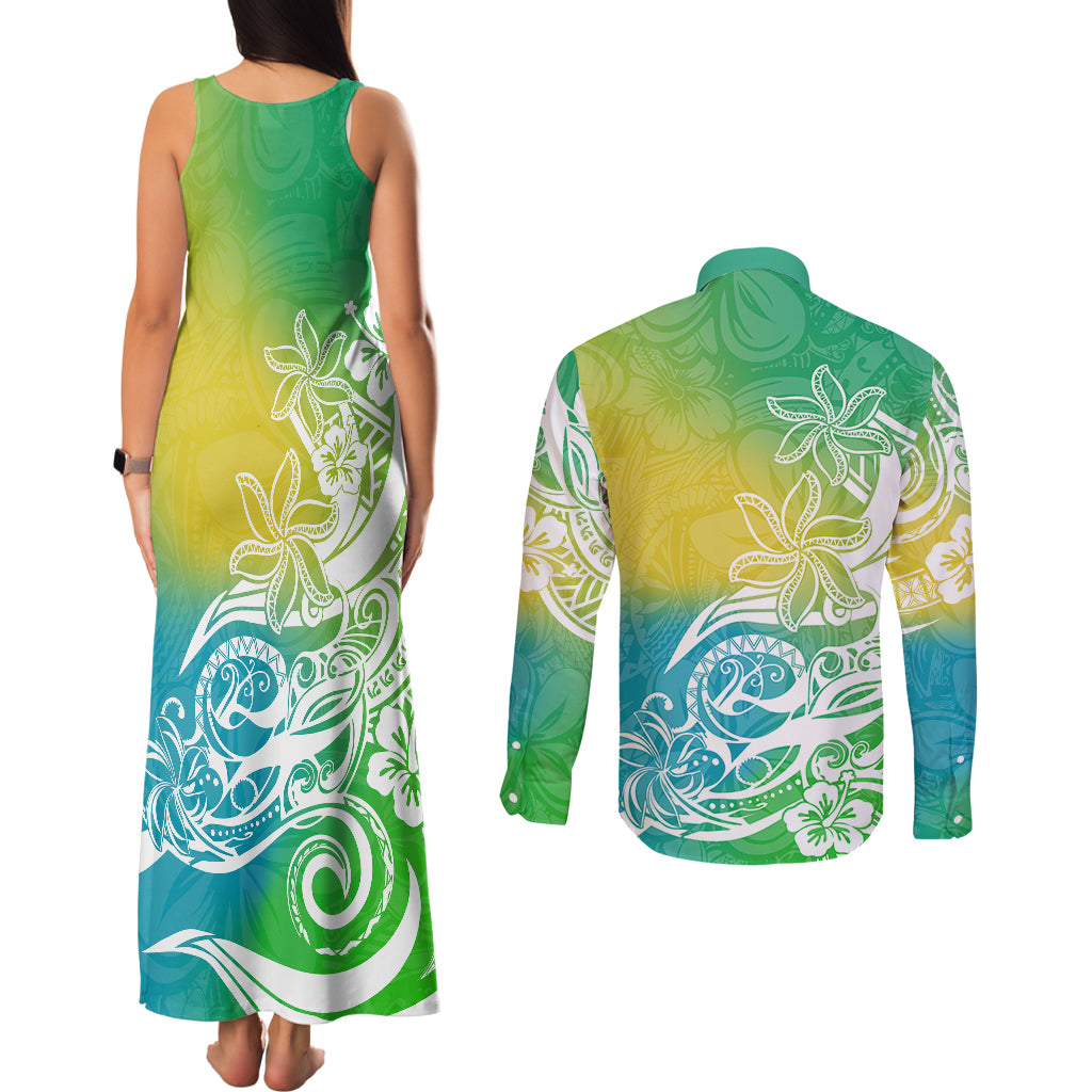 Polynesian Sunset Plumeria Couples Matching Tank Maxi Dress and Long Sleeve Button Shirts Pacific Island Tribal Green Style LT9 - Wonder Print Shop