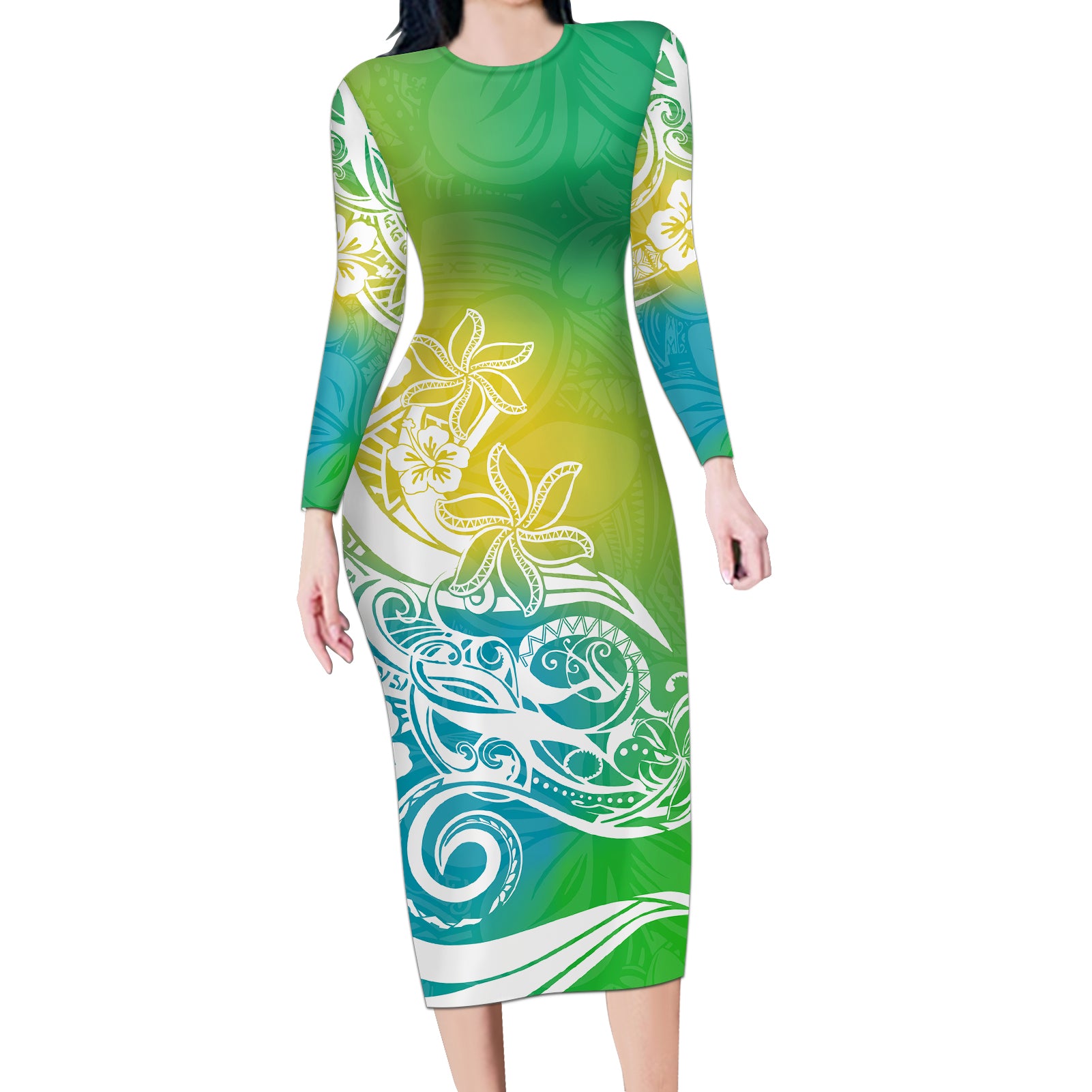 Polynesian Sunset Plumeria Long Sleeve Bodycon Dress Pacific Island Tribal Green Style - Wonder Print Shop