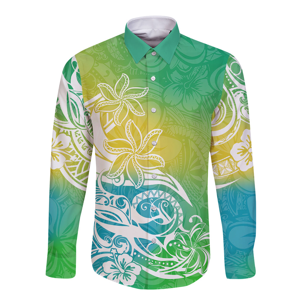 Polynesian Sunset Plumeria Long Sleeve Button Shirt Pacific Island Tribal Green Style - Wonder Print Shop