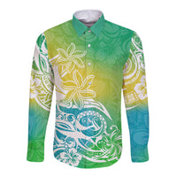 Polynesian Sunset Plumeria Long Sleeve Button Shirt Pacific Island Tribal Green Style - Wonder Print Shop