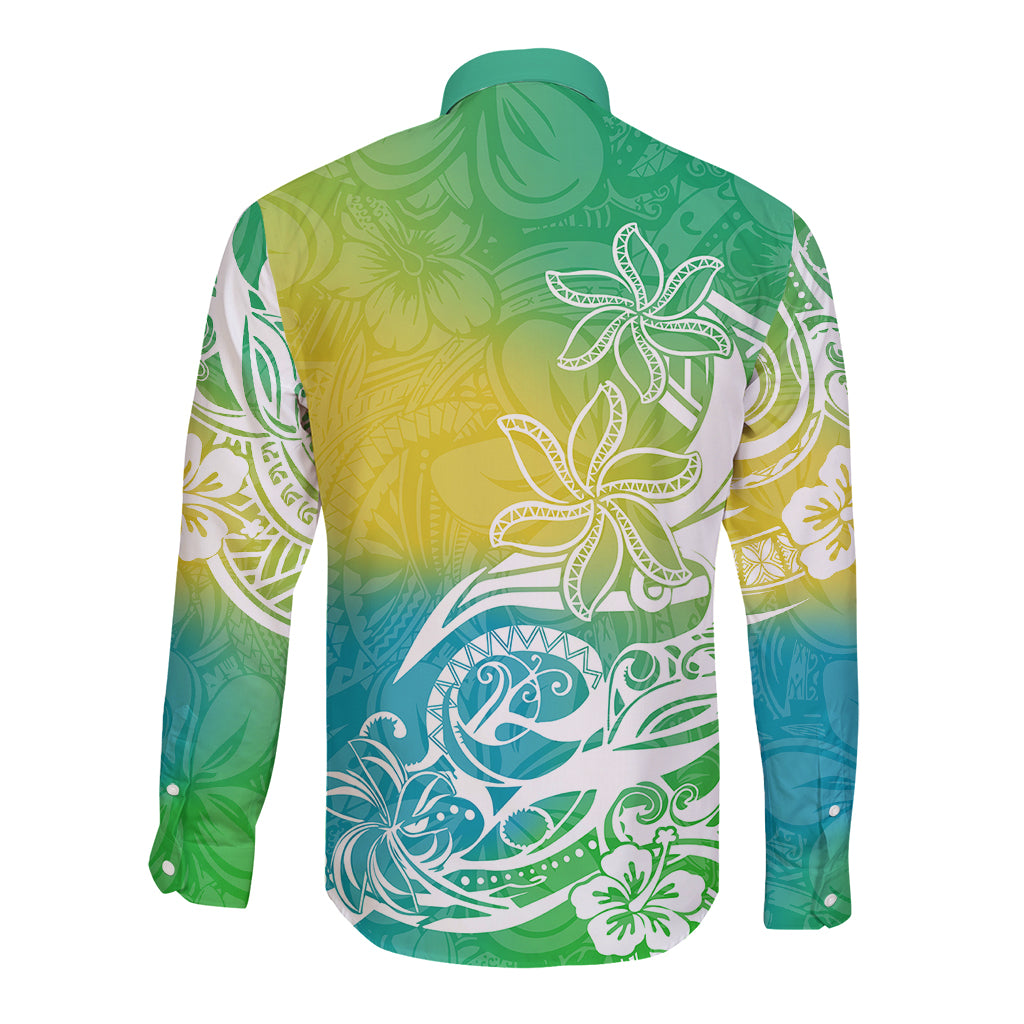 Polynesian Sunset Plumeria Long Sleeve Button Shirt Pacific Island Tribal Green Style - Wonder Print Shop