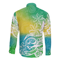 Polynesian Sunset Plumeria Long Sleeve Button Shirt Pacific Island Tribal Green Style - Wonder Print Shop