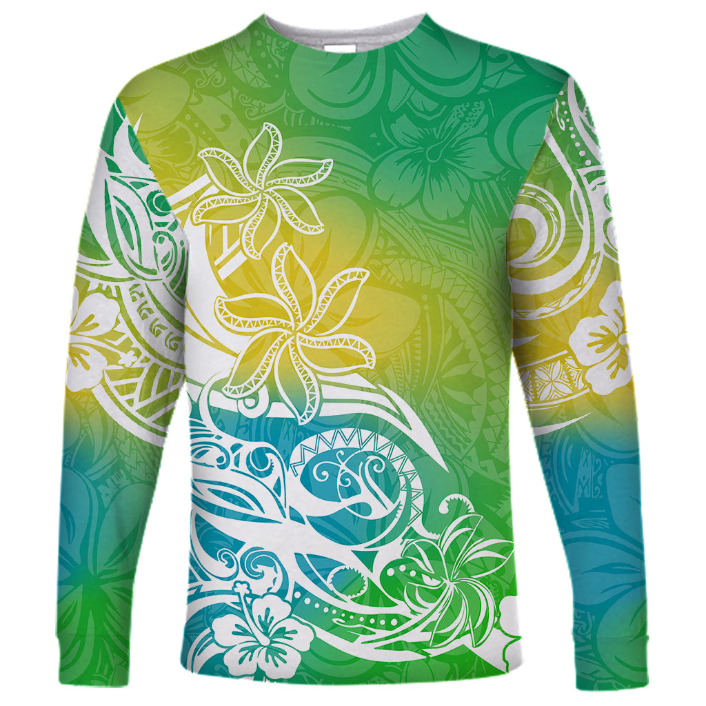 Polynesian Sunset Plumeria Long Sleeve Shirt Pacific Island Tribal Green Style - Wonder Print Shop