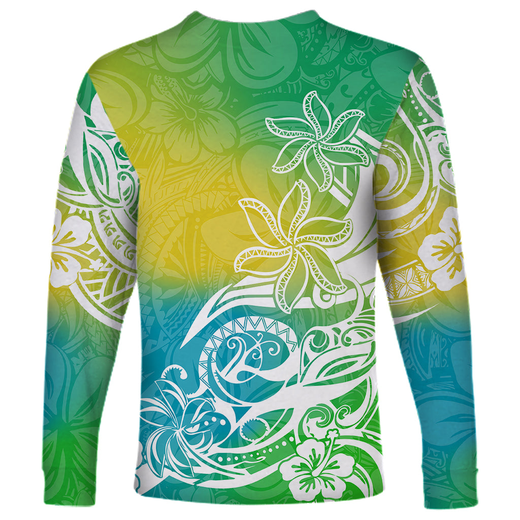 Polynesian Sunset Plumeria Long Sleeve Shirt Pacific Island Tribal Green Style - Wonder Print Shop