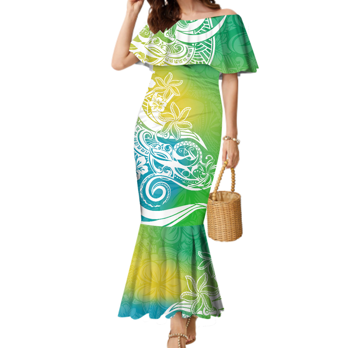 polynesian-sunset-plumeria-mermaid-dress-pacific-island-tribal-green-style
