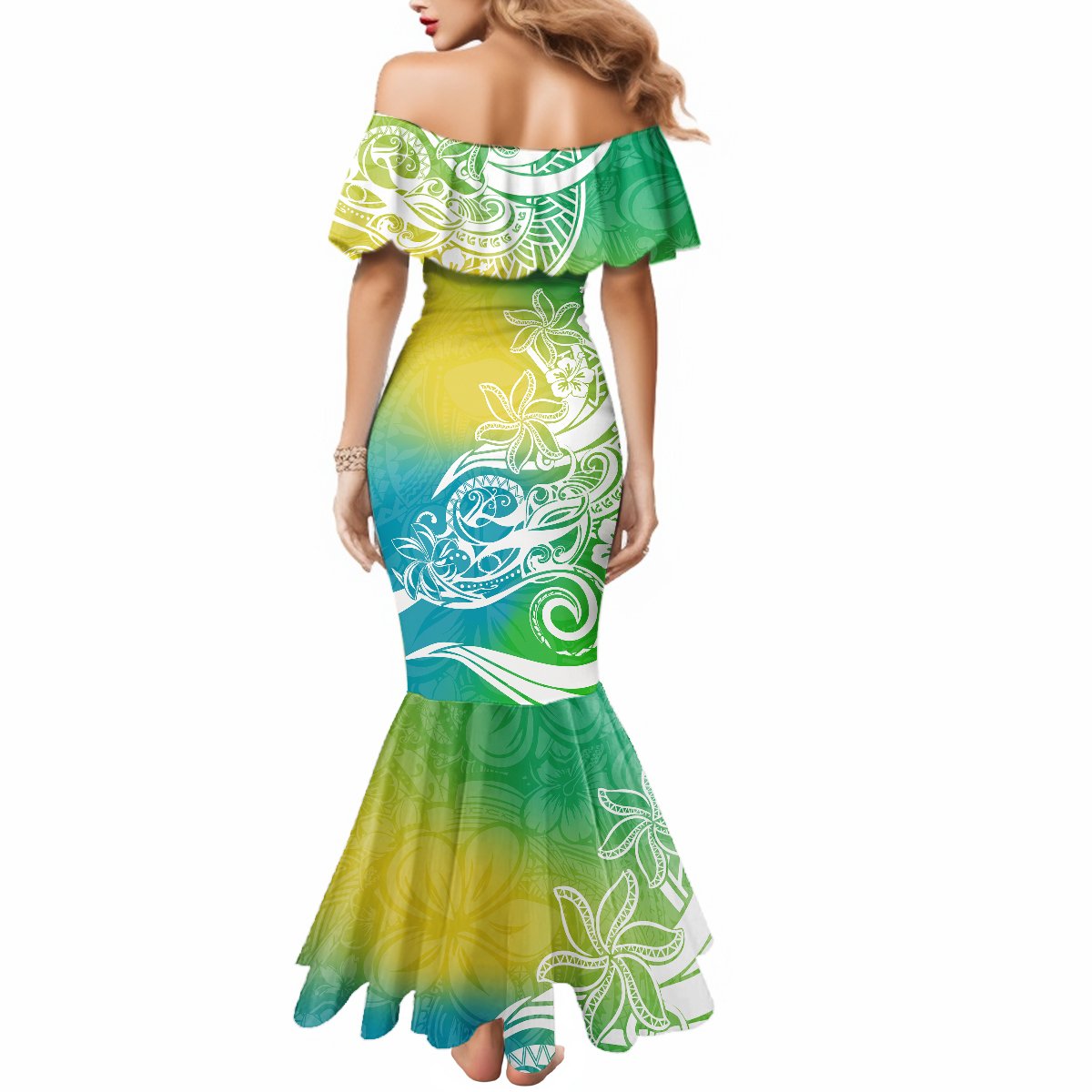 Polynesian Sunset Plumeria Mermaid Dress Pacific Island Tribal Green Style - Wonder Print Shop