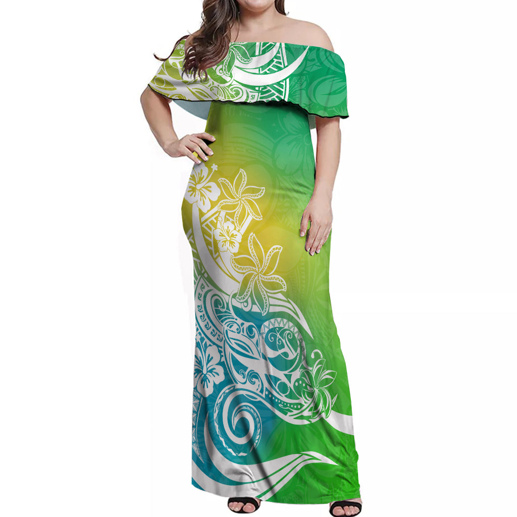 Polynesian Sunset Plumeria Off Shoulder Maxi Dress Pacific Island Tribal Green Style - Wonder Print Shop