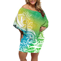 Polynesian Sunset Plumeria Off Shoulder Short Dress Pacific Island Tribal Green Style - Wonder Print Shop