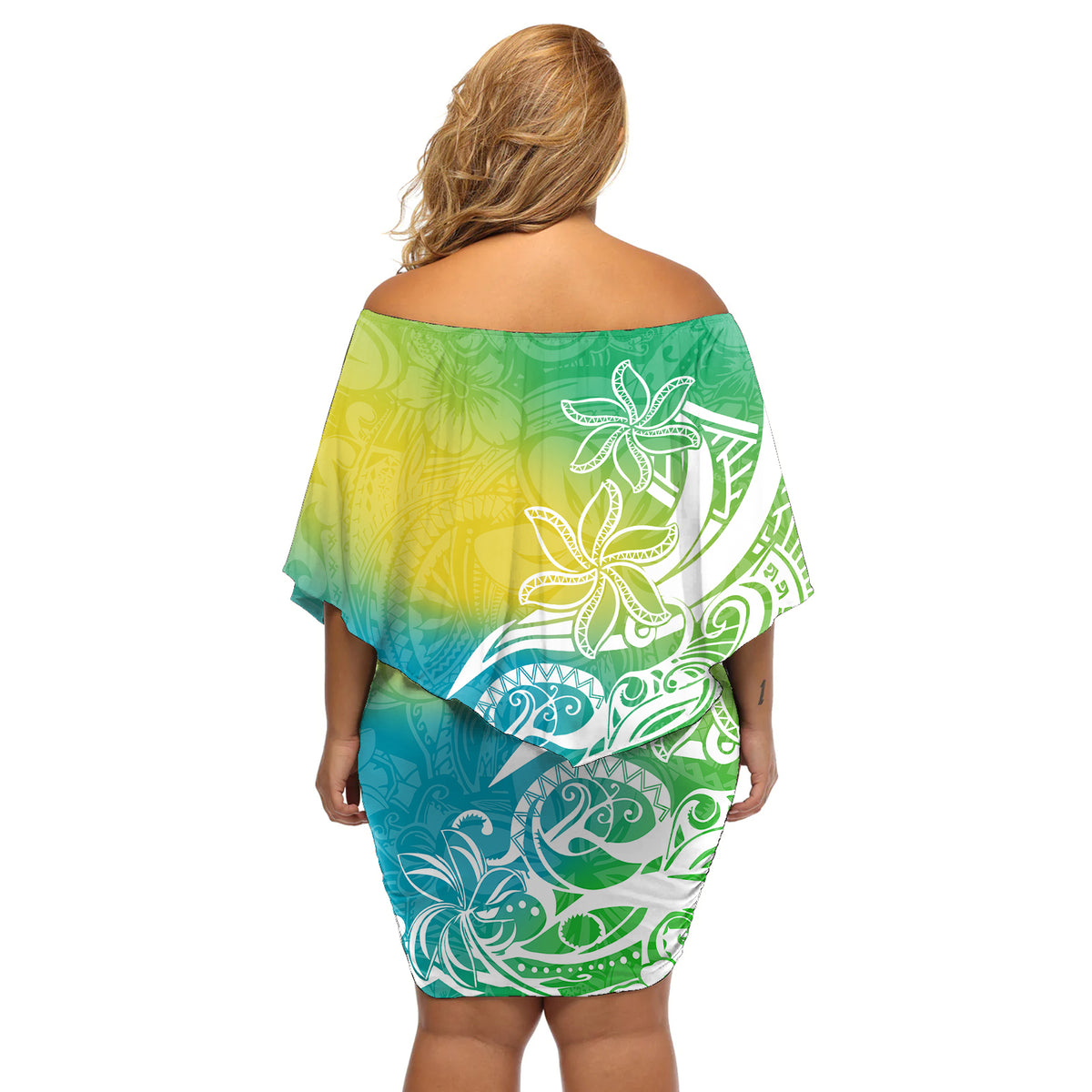 Polynesian Sunset Plumeria Off Shoulder Short Dress Pacific Island Tribal Green Style - Wonder Print Shop